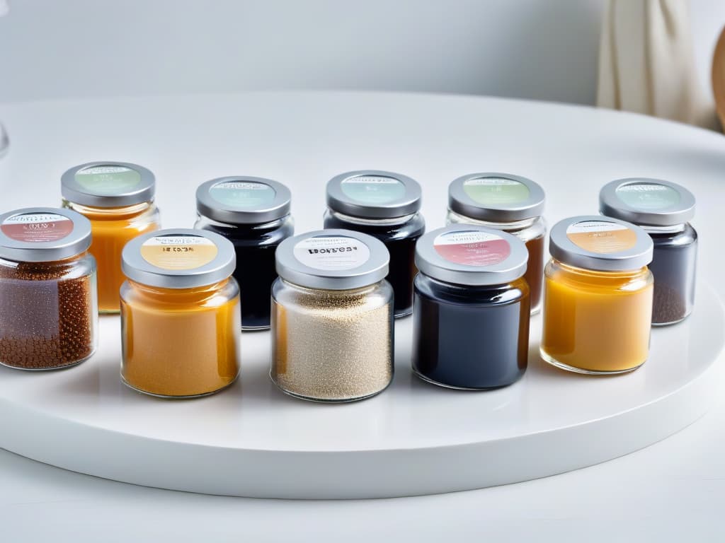  A closeup, ultradetailed image of a variety of lowcalorie sweeteners commonly used in baking, displayed on a sleek, modern white countertop. Each sweetener is neatly arranged in small, minimalist glass jars with simple black lids, showcasing the different textures and colors of the granules. The natural light filtering in highlights the fine details of each sweetener, creating a visually appealing and informative image for the article on lowcalorie sweeteners for conscious baking. hyperrealistic, full body, detailed clothing, highly detailed, cinematic lighting, stunningly beautiful, intricate, sharp focus, f/1. 8, 85mm, (centered image composition), (professionally color graded), ((bright soft diffused light)), volumetric fog, trending on instagram, trending on tumblr, HDR 4K, 8K