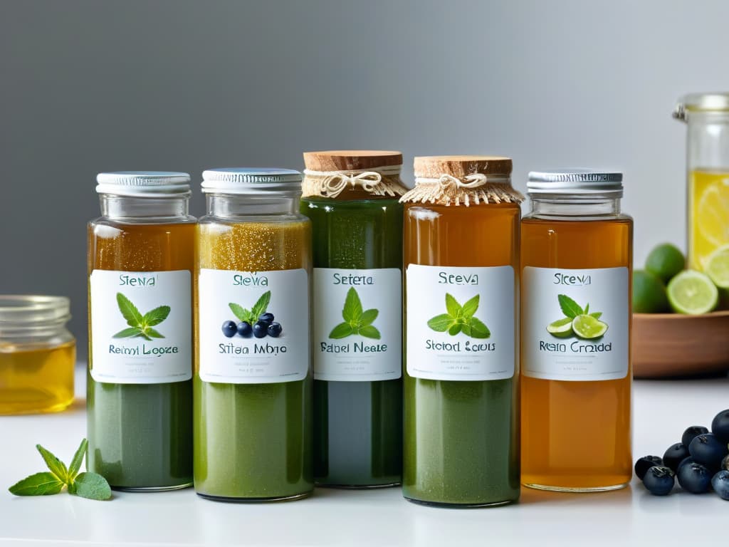  A closeup, ultradetailed image of a variety of different types of edulcorants arranged neatly on a sleek, modern kitchen counter. The image showcases stevia leaves, monk fruit extract, erythritol crystals, and agave syrup in minimalist, elegant glass jars, each labeled with clean, sophisticated typography. The natural lighting highlights the textures and colors of the edulcorants, creating a visually appealing and informative composition for the article. hyperrealistic, full body, detailed clothing, highly detailed, cinematic lighting, stunningly beautiful, intricate, sharp focus, f/1. 8, 85mm, (centered image composition), (professionally color graded), ((bright soft diffused light)), volumetric fog, trending on instagram, trending on tumblr, HDR 4K, 8K