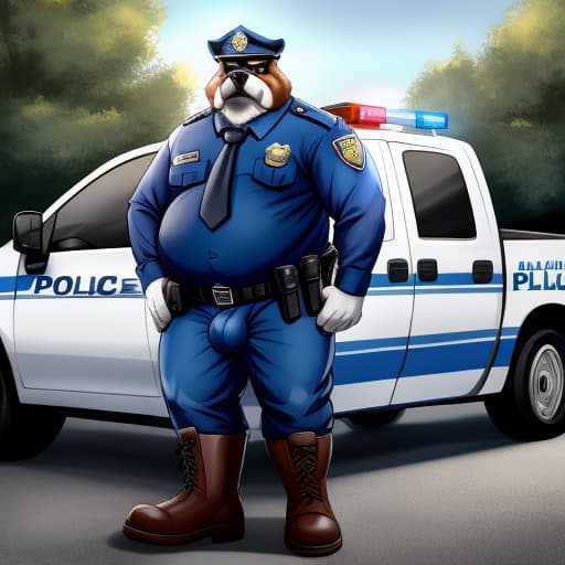  saint bernard (old, fat, dilf, police officer, wearing police uniform, big feet, wearing boots, wearing collar, fat sheath, fat canine penis, fat balls,). police car in background (ford pick up)., open eyes, digital art, masterpiece, 4k, fine details,