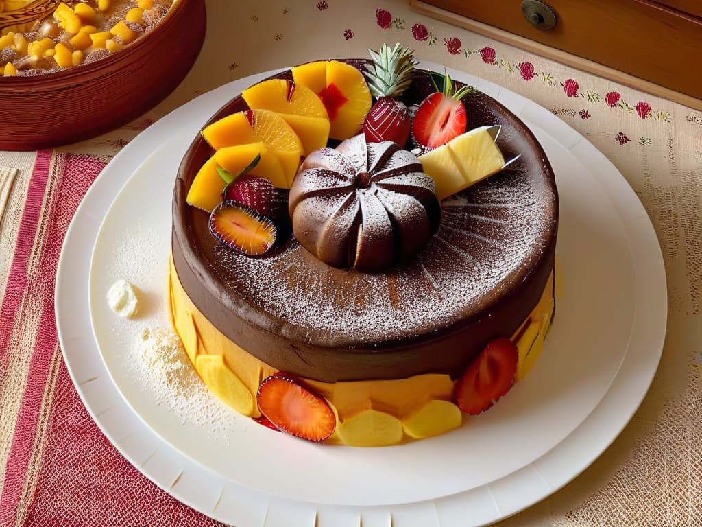  An intricately designed white ceramic plate, adorned with vibrant, handpainted patterns inspired by Mozambican culture. In the center of the plate sits a freshly baked Bolo del Rei, a traditional Mozambican cake, dusted with powdered sugar and garnished with slices of tropical fruits like mango and pineapple. The background is a soft, blurred gradient of warm earth tones, emphasizing the simplicity and elegance of the minimalistic composition. hyperrealistic, full body, detailed clothing, highly detailed, cinematic lighting, stunningly beautiful, intricate, sharp focus, f/1. 8, 85mm, (centered image composition), (professionally color graded), ((bright soft diffused light)), volumetric fog, trending on instagram, trending on tumblr, HDR 4K, 8K