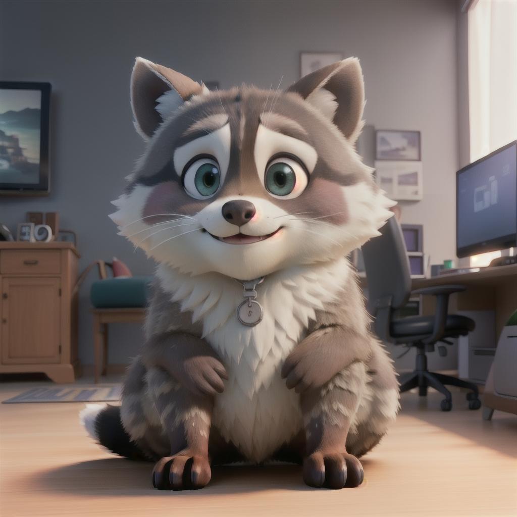  raccoon sitting in gaming chair front a computer on desktop, ((semi anthropomorphic)),(full body), tail, belly, sitting, fat, (chubby), (((white background))), solo, desktop, gaming chair, side view,  [[[clothes]]] hyperrealistic, full body, detailed clothing, highly detailed, cinematic lighting, stunningly beautiful, intricate, sharp focus, f/1. 8, 85mm, (centered image composition), (professionally color graded), ((bright soft diffused light)), volumetric fog, trending on instagram, trending on tumblr, HDR 4K, 8K