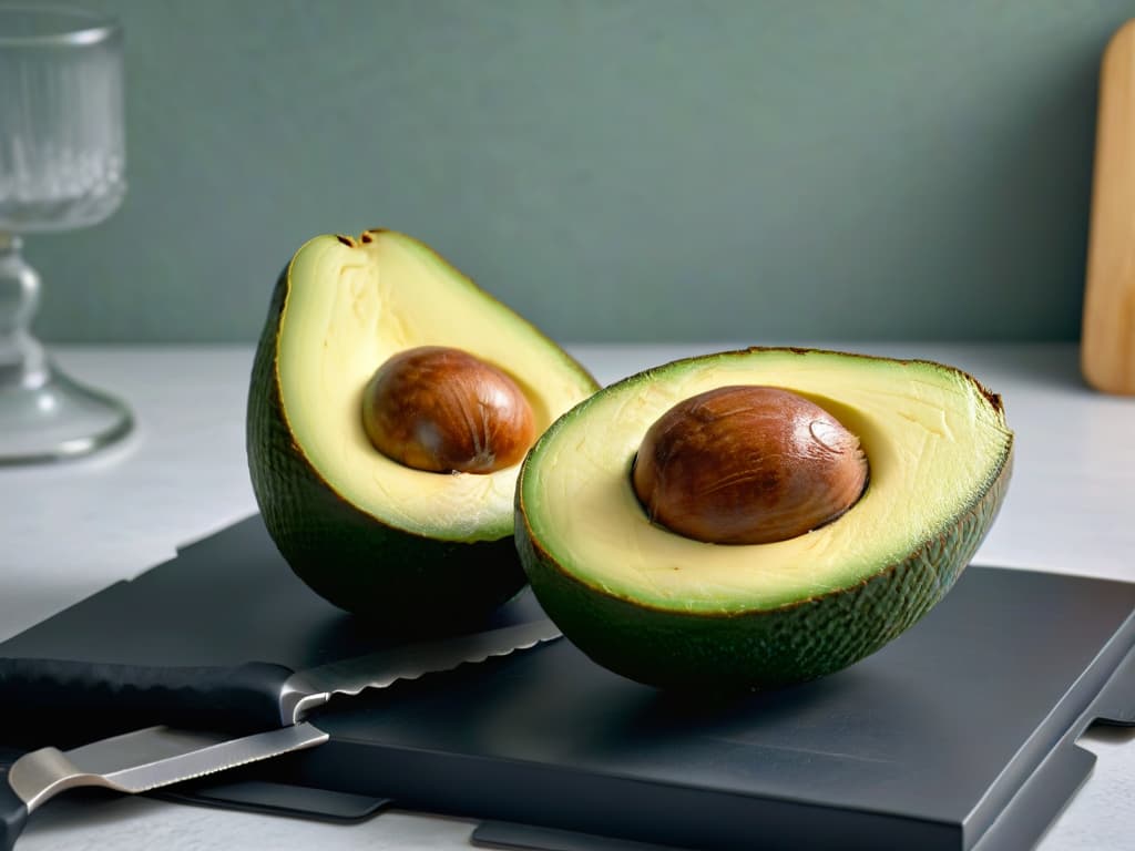  A closeup, ultradetailed image of a perfectly ripe avocado being sliced with a sharp knife, showcasing the vibrant green flesh and rich texture, set against a sleek, minimalist background to convey a sense of freshness and natural beauty. hyperrealistic, full body, detailed clothing, highly detailed, cinematic lighting, stunningly beautiful, intricate, sharp focus, f/1. 8, 85mm, (centered image composition), (professionally color graded), ((bright soft diffused light)), volumetric fog, trending on instagram, trending on tumblr, HDR 4K, 8K