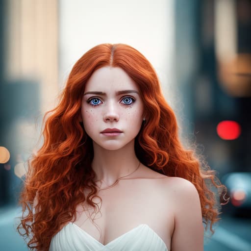  A young woman with long, curly auburn hair stands at the edge of a bustling city street, her eyes alight with excitement. She’s dressed in a vibrant red dress, ultra realistic ,hyper detail, cinematic lighting,, Canon EOS R3, nikon, f/1.4, ISO 200, 1/160s,  RAW, unedited, symmetrical balance, in-frame, dslr, ultra quality, sharp focus, tack sharp, dof, film grain, Fujifilm XT3, crystal clear, 8K UHD, highly detailed glossy eyes, high detailed skin, skin pores