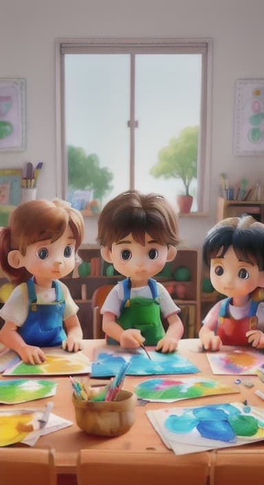  {Children gathered around a table full of paints, brushes, and paper., Kids wearing aprons, concentrating on their painting with bright colors on paper.