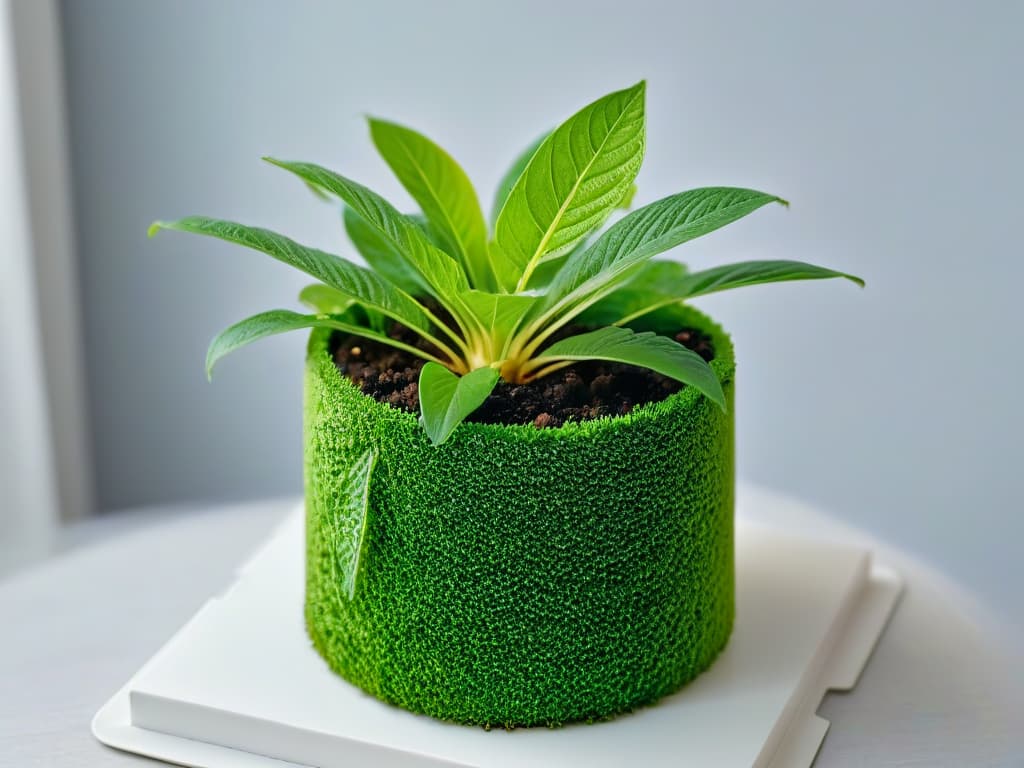  A closeup, ultradetailed image of a vibrant green leafy plant growing in a small, ecofriendly pot made of recycled materials. The focus is on the intricate patterns of the plant's veins and the texture of the pot, highlighting the beauty and sustainability of using plantbased ingredients in vegan baking. hyperrealistic, full body, detailed clothing, highly detailed, cinematic lighting, stunningly beautiful, intricate, sharp focus, f/1. 8, 85mm, (centered image composition), (professionally color graded), ((bright soft diffused light)), volumetric fog, trending on instagram, trending on tumblr, HDR 4K, 8K