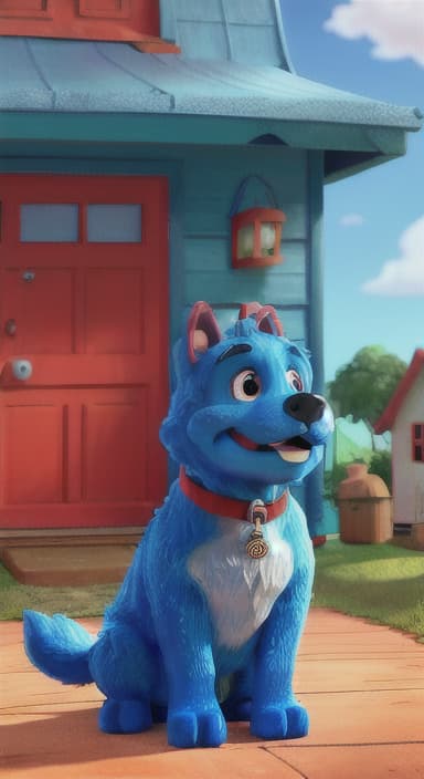  {Max the big blue dog standing in front of a cozy little house with a red door, The big blue dog is large with sky blue fur, big round eyes, a black nose, and floppy ears.