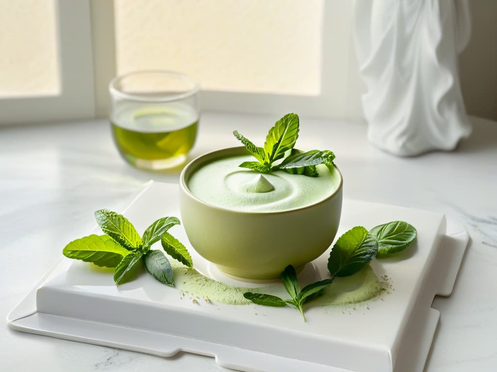  An ultradetailed image of a delicate, minimalist white tea cup filled with a steviainfused pastry, surrounded by fresh green stevia leaves arranged artistically on a sleek, modern marble tabletop. The soft morning light filtering through a nearby window casts a gentle glow, highlighting the intricate details of the pastry's golden crust and the vibrant green hues of the stevia leaves, creating a serene and elegant composition that embodies the essence of using stevia in baking with precision and finesse. hyperrealistic, full body, detailed clothing, highly detailed, cinematic lighting, stunningly beautiful, intricate, sharp focus, f/1. 8, 85mm, (centered image composition), (professionally color graded), ((bright soft diffused light)), volumetric fog, trending on instagram, trending on tumblr, HDR 4K, 8K