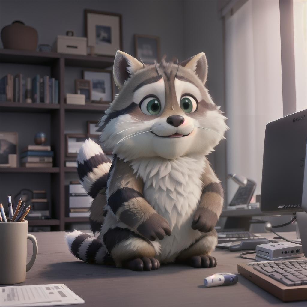  raccoon sitting in gaming chair front a computer on desktop, ((semi anthropomorphic)),(full body), tail, belly, sitting, fat, (chubby), (((white background))), solo, desktop, gaming chair, side view,  [[[clothes]]] hyperrealistic, full body, detailed clothing, highly detailed, cinematic lighting, stunningly beautiful, intricate, sharp focus, f/1. 8, 85mm, (centered image composition), (professionally color graded), ((bright soft diffused light)), volumetric fog, trending on instagram, trending on tumblr, HDR 4K, 8K