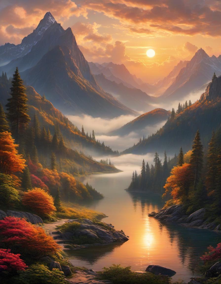  Art Nouveau style digital painting of a beautiful mountain landscape, lake, forest, sunset, cloudy . elegant, decorative, curvilinear forms, nature inspired, ornate, detailed hyperrealistic, full body, detailed clothing, highly detailed, cinematic lighting, stunningly beautiful, intricate, sharp focus, f/1. 8, 85mm, (centered image composition), (professionally color graded), ((bright soft diffused light)), volumetric fog, trending on instagram, trending on tumblr, HDR 4K, 8K