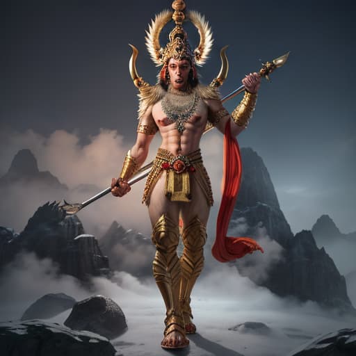  Hanuman standing strong with gadha hyperrealistic, full body, detailed clothing, highly detailed, cinematic lighting, stunningly beautiful, intricate, sharp focus, f/1. 8, 85mm, (centered image composition), (professionally color graded), ((bright soft diffused light)), volumetric fog, trending on instagram, trending on tumblr, HDR 4K, 8K