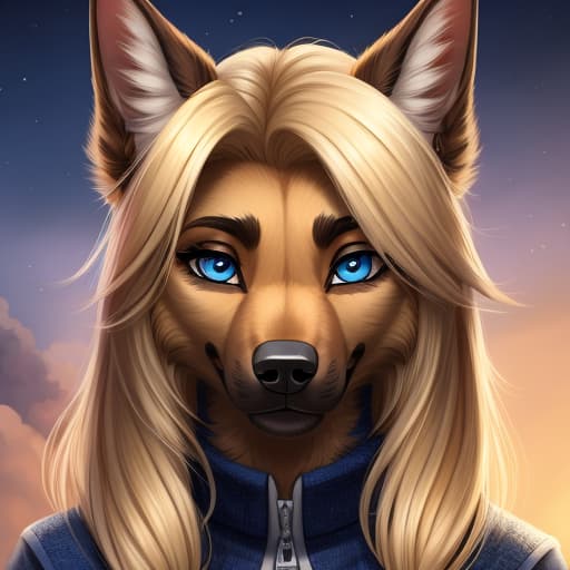  Anthro, Female, German Shepard, blue eyes, blond hair, open eyes, digital art, masterpiece, 4k, fine details,