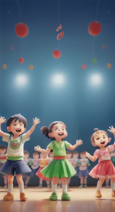  {Children singing and dancing with wide smiles and musical notes floating around them., Kids joyfully dancing and singing, showing their energy and happiness.