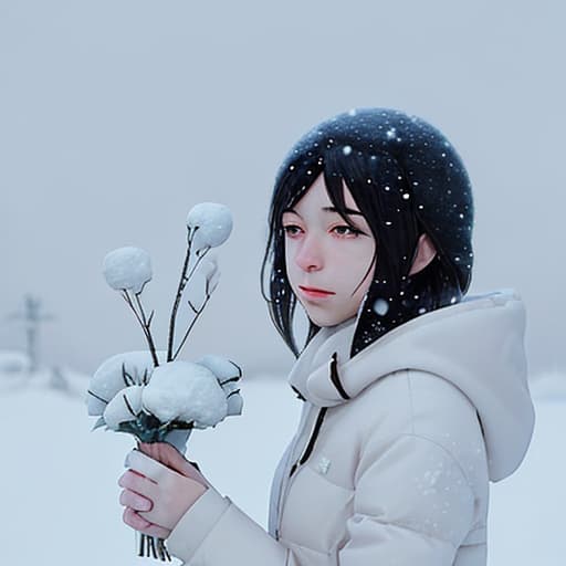  milk. brain. man. beautiful flowers. winter. snow. black. Makoto Shinkai style.