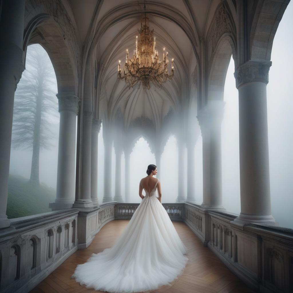  Neuschwanstein. A girl in a wedding dress from the back. hyperrealistic, full body, detailed clothing, highly detailed, cinematic lighting, stunningly beautiful, intricate, sharp focus, f/1. 8, 85mm, (centered image composition), (professionally color graded), ((bright soft diffused light)), volumetric fog, trending on instagram, trending on tumblr, HDR 4K, 8K