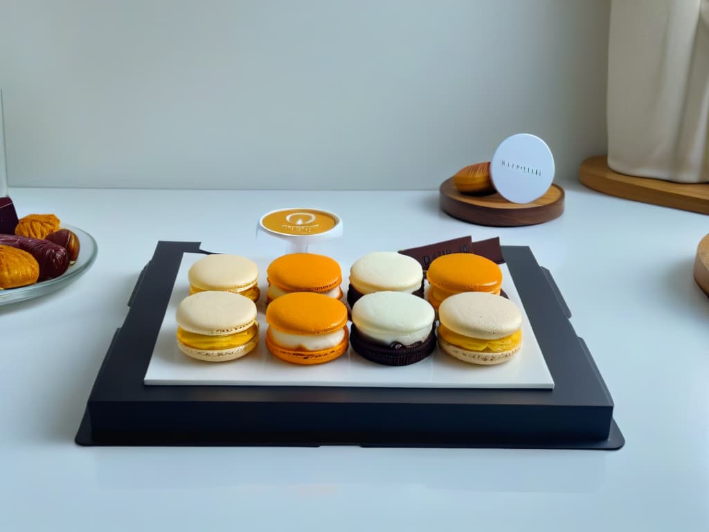  A minimalist image of a beautifully arranged display of branded desserts in elegant packaging, showcasing a variety of delectable sweet treats such as macarons, cupcakes, and chocolates. The desserts are artfully arranged on a sleek, modern serving platter with soft, diffused lighting highlighting their textures and colors. The background is a simple, clean backdrop that allows the desserts to stand out as the focal point, emphasizing the sophistication and attention to detail in branding and presentation. hyperrealistic, full body, detailed clothing, highly detailed, cinematic lighting, stunningly beautiful, intricate, sharp focus, f/1. 8, 85mm, (centered image composition), (professionally color graded), ((bright soft diffused light)), volumetric fog, trending on instagram, trending on tumblr, HDR 4K, 8K