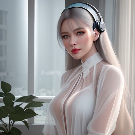  analog style, best quality, gorgeous young Swiss sitting by window with headphones on, wearing white with translucent shirt over, soft lips, beach hair, octane render, unreal engine, photograph, realistic skin texture, photorealistic, hyper realism, highly detailed, 85mm portrait photography, award winning, hard rim lighting photography hyperrealistic, full body, detailed clothing, highly detailed, cinematic lighting, stunningly beautiful, intricate, sharp focus, f/1. 8, 85mm, (centered image composition), (professionally color graded), ((bright soft diffused light)), volumetric fog, trending on instagram, trending on tumblr, HDR 4K, 8K