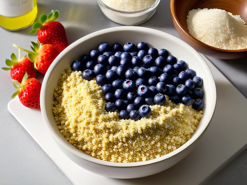  An ultradetailed, highresolution image of a pristine white marble countertop with a sleek silver mixing bowl filled with fluffy quinoa grains, surrounded by scattered vibrant red strawberries, deep purple blueberries, and a sprinkling of golden chia seeds. The natural light streaming in enhances the visual appeal, casting soft shadows that create a dynamic interplay of light and dark on the grains. The minimalistic composition emphasizes the purity and freshness of the ingredients, setting the stage for a visually striking and appetizing image. hyperrealistic, full body, detailed clothing, highly detailed, cinematic lighting, stunningly beautiful, intricate, sharp focus, f/1. 8, 85mm, (centered image composition), (professionally color graded), ((bright soft diffused light)), volumetric fog, trending on instagram, trending on tumblr, HDR 4K, 8K