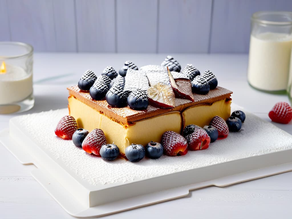  A closeup, ultradetailed image of a beautifully textured slice of glutenfree almond flour cake topped with fresh berries and a dusting of powdered sugar on a sleek, modern white plate, set against a soft, blurred background to emphasize the intricate details and vibrant colors of the dessert. hyperrealistic, full body, detailed clothing, highly detailed, cinematic lighting, stunningly beautiful, intricate, sharp focus, f/1. 8, 85mm, (centered image composition), (professionally color graded), ((bright soft diffused light)), volumetric fog, trending on instagram, trending on tumblr, HDR 4K, 8K