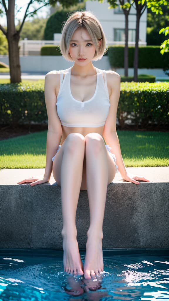  masterpiece, high quality, 4K, HDR BREAK with large s wearing a , transparent micro BREAK Micro , and transparent BREAK Sitting on a bench, legs , body arched back BREAK pool as background BREAK Youthful, doll like face with large eyes, silver short hair, cute expression hyperrealistic, full body, detailed clothing, highly detailed, cinematic lighting, stunningly beautiful, intricate, sharp focus, f/1. 8, 85mm, (centered image composition), (professionally color graded), ((bright soft diffused light)), volumetric fog, trending on instagram, trending on tumblr, HDR 4K, 8K