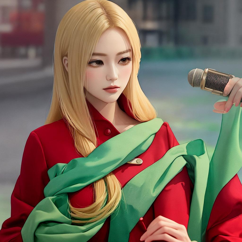  A blonde foreign beauty takes center stage in this visually stunning film. She exudes elegance with her large, bewitching eyes and delicate eyelids. She stands gracefully in a flowing red suit, microphone in hand. The background shows a sprawling city with skyscrapers and bustling streets, creating a sense of vitality. The images are presented in a unique style, combining watercolor and pastel elements to create a dreamy ethereal atmosphere. Achieving this requires high-end camera equipment and settings to capture the finest details, ensuring that the final image is a visual masterpiece.