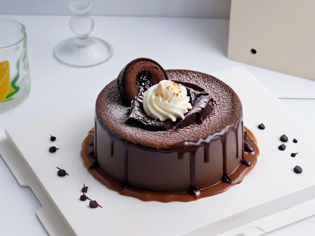  A closeup, ultradetailed image of a decadent chocolate lava cake being sliced open, with a river of rich molten chocolate oozing out onto a pristine white plate. The cake is garnished with a perfectly placed scoop of creamy vanilla ice cream and delicate chocolate shavings, creating a visually stunning and mouthwatering dessert masterpiece. hyperrealistic, full body, detailed clothing, highly detailed, cinematic lighting, stunningly beautiful, intricate, sharp focus, f/1. 8, 85mm, (centered image composition), (professionally color graded), ((bright soft diffused light)), volumetric fog, trending on instagram, trending on tumblr, HDR 4K, 8K