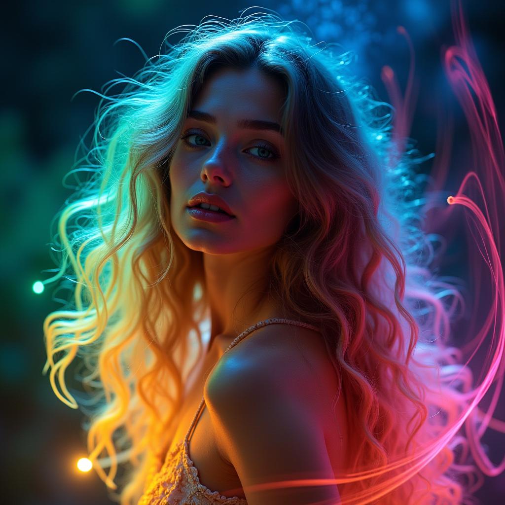  good quality, high quality, imagine a stunning woman with long, flowing hair illuminated by a kaleidoscope of vibrant colors. her hair is a captivating mix of flowing curls and loose waves, as if being sculpted by an invisible force. the colorful light around her creates a mesmerizing aura, giving her features an otherworldly glow. her head is gently tilted to one side, as if she's lost in thought, entranced by the swirling, fluid lines around her. these swirling lines are made of a fusion of rainbow colors, blending together in a graceful dance. the colors—blue, green, yellow, orange, and red—are radiant, evoking a sense of wonder and magic. the scene captures an enchanting moment, where the combination of the woman’s glowing beauty