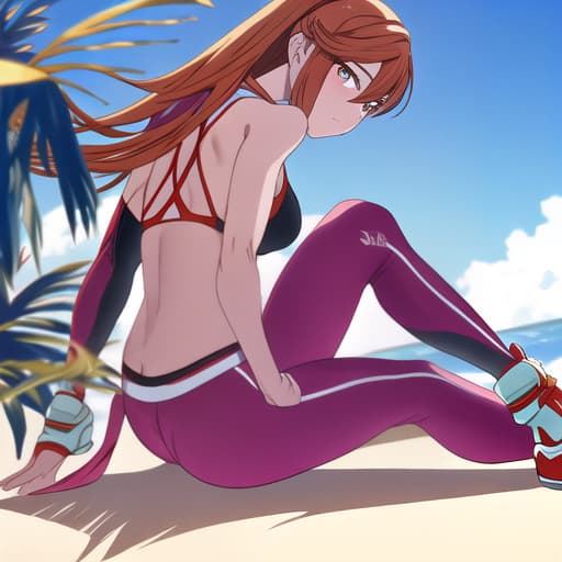  anime athlete in the beach with pink tight pants showing her big (back) while sitting hyperrealistic, full body, detailed clothing, highly detailed, cinematic lighting, stunningly beautiful, intricate, sharp focus, f/1. 8, 85mm, (centered image composition), (professionally color graded), ((bright soft diffused light)), volumetric fog, trending on instagram, trending on tumblr, HDR 4K, 8K