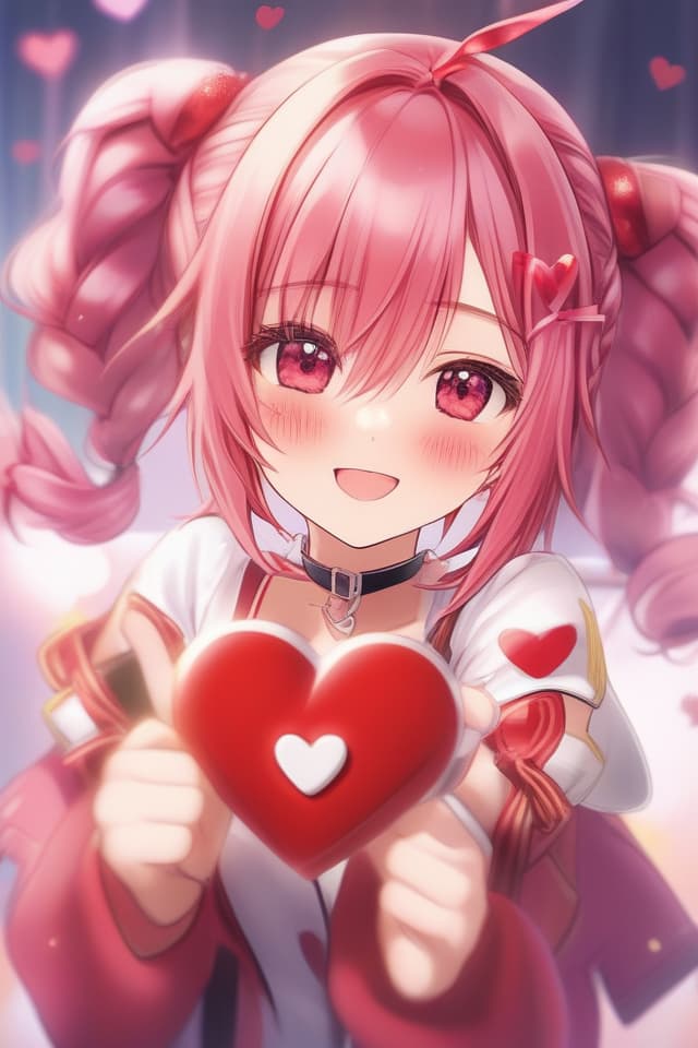  Pink hair,red ribbon,braids,loose braids,cute,beautiful girl,young lady,smile,red eyes,heart,thankyou letters,heart eyes,heart shaped highlights,high image quality,love,The heart is dancing,holding the heart.、(absurd detailed:1.4、best quality:1.4、masterpiece:1.4)、