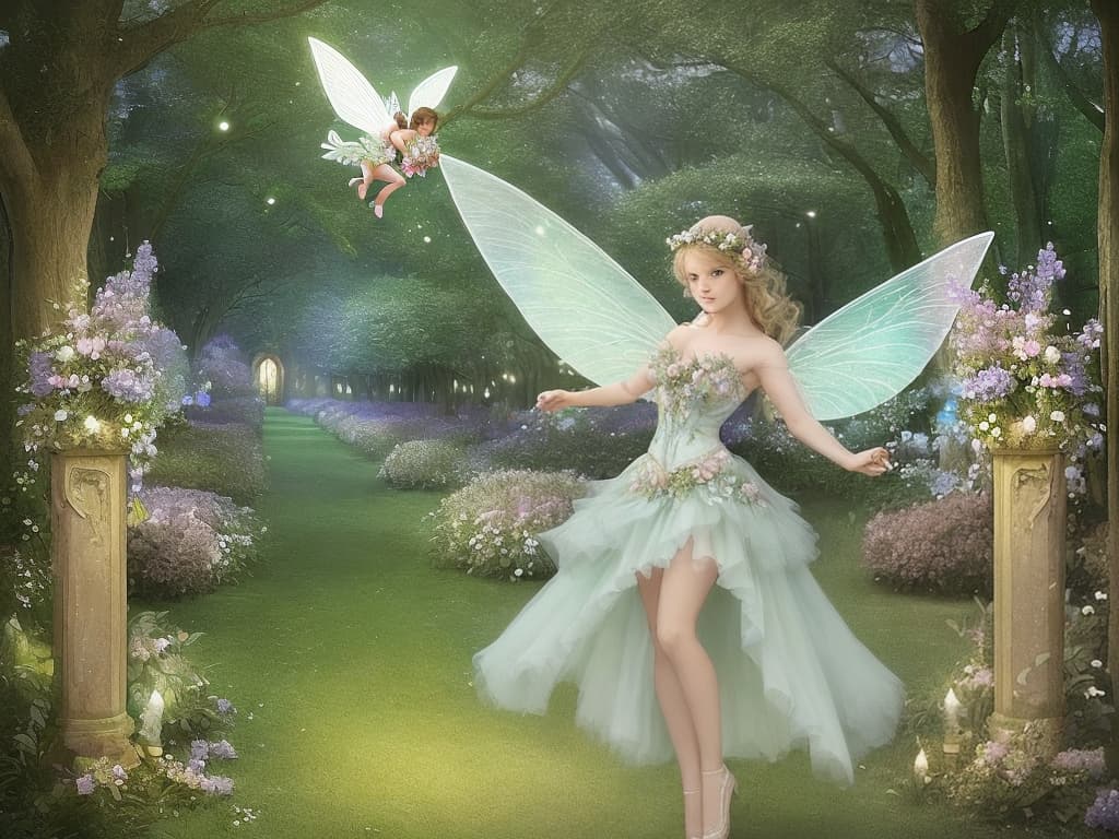  a beautiful realistic flying fairy, holding a bouquet avender flowers, with a lighted fairy forest in the background