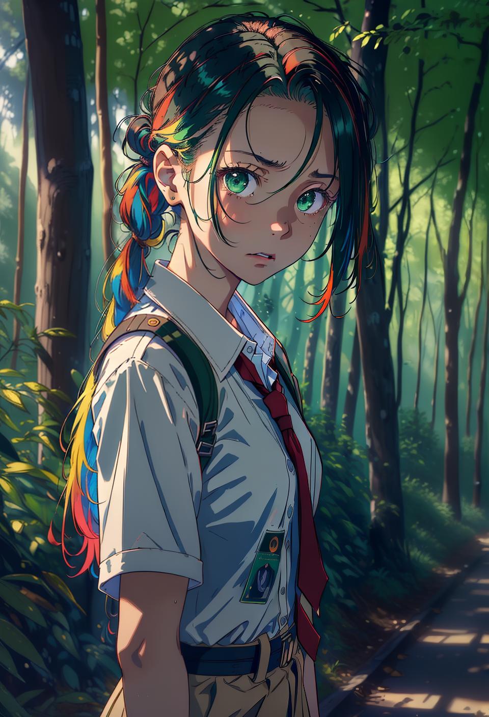  ((trending, highres, masterpiece, cinematic shot)), 1girl, young, female student uniform, forest scene, medium-length messy multicolored hair, hair slicked back, narrow green eyes, personality, worried expression, tanned skin, epic, observant