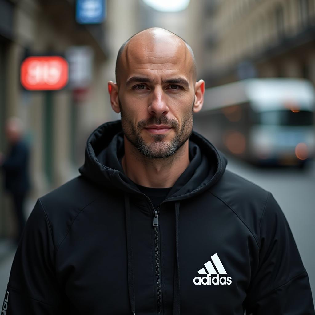  good quality, high quality, bald man in black sportwear adidas in the city with text "jcenters"