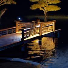  masterpiece, best quality, (Fidelity: 1.4), Best Quality, Masterpiece, Ultra High Resolution, 8k resolution, A night view inspired by Japanese art, featuring a garden illuminated by paper lanterns and a wooden bridge spanning a tranquil lake, by the lakeside, there is a small Zen temple. The water reflects the starry sky.