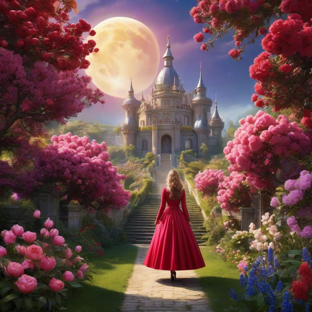  А very beautiful stairway to the sky. . (Sparkling rim)): spring field, hyacinths, roses, rosehips, rose hips, peonies, cherry tree, yellow, red. Surrealist abstractionism. Honoré Fargonard, Alfonso Mucha. The girl in the gold dress. A very pretty girl. Garden of Eden. Rain. Purple silk linen. Topaz, diamonds, quartzite, amber, topaz, emerald. Flying saucer. Space, fantasy. Purple, blue, silver colors. Moon, aliens. There's a castle on the moon. Beautiful red door with branching ornamentation. The door looks like a portal. Fantasy, magic. High elaboration, high realization. The door opens into a beautiful garden. A door without a lock. (Sparkling rim)): spring field, hyacinths, roses, rosehips, rose hips, peonies, cherry tree, yellow, re hyperrealistic, full body, detailed clothing, highly detailed, cinematic lighting, stunningly beautiful, intricate, sharp focus, f/1. 8, 85mm, (centered image composition), (professionally color graded), ((bright soft diffused light)), volumetric fog, trending on instagram, trending on tumblr, HDR 4K, 8K