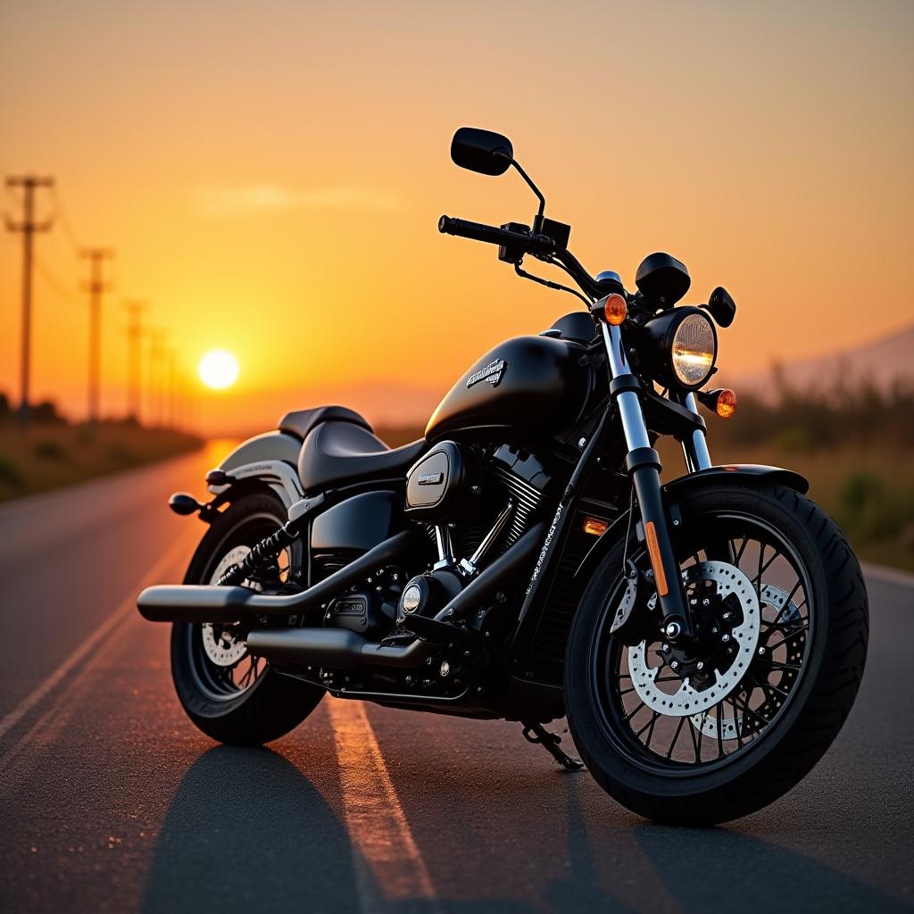  good quality, high quality, a stunning motorcycle parked on an open road at sunset, surrounded by vibrant nature and a serene atmosphere.