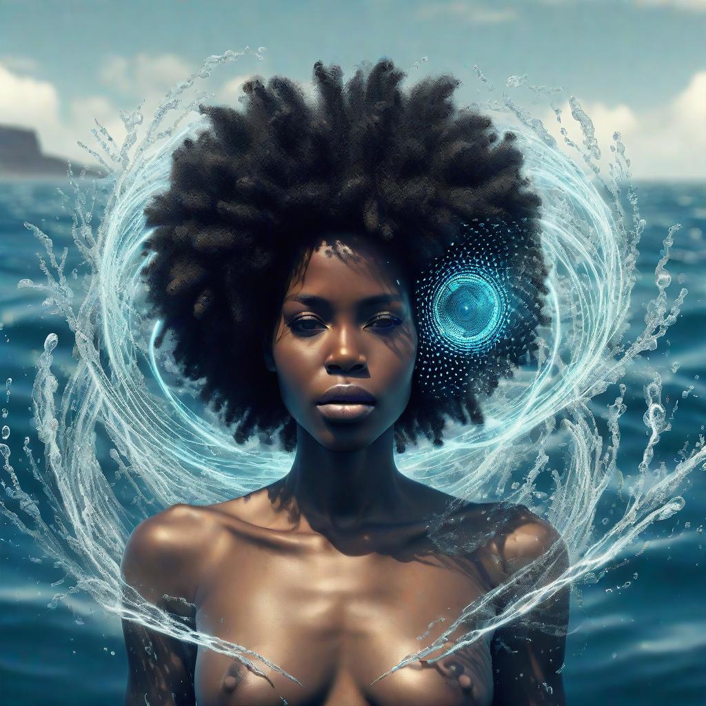  afrofuturistic woman emerging from a digital sea