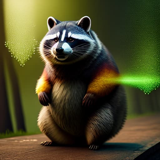  fat raccoon with green aura hyperrealistic, full body, detailed clothing, highly detailed, cinematic lighting, stunningly beautiful, intricate, sharp focus, f/1. 8, 85mm, (centered image composition), (professionally color graded), ((bright soft diffused light)), volumetric fog, trending on instagram, trending on tumblr, HDR 4K, 8K