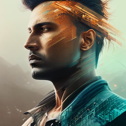 dublex style I am a Indian cyberpunk male, brown indian skin, stunning, curly hair, blue eyes,, high detail graphics, cinematic lights, 4k, artstation, hyperrealistic, intricate details, Powerful, Rim Lighting, Diffraction Grading, RTX, by Ivan Shishkin