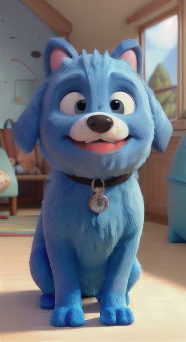  {Max snuggled up in his comfy dog bed inside the house, fast asleep, The big blue dog is large with sky blue fur, big round eyes, a black nose, and floppy ears.