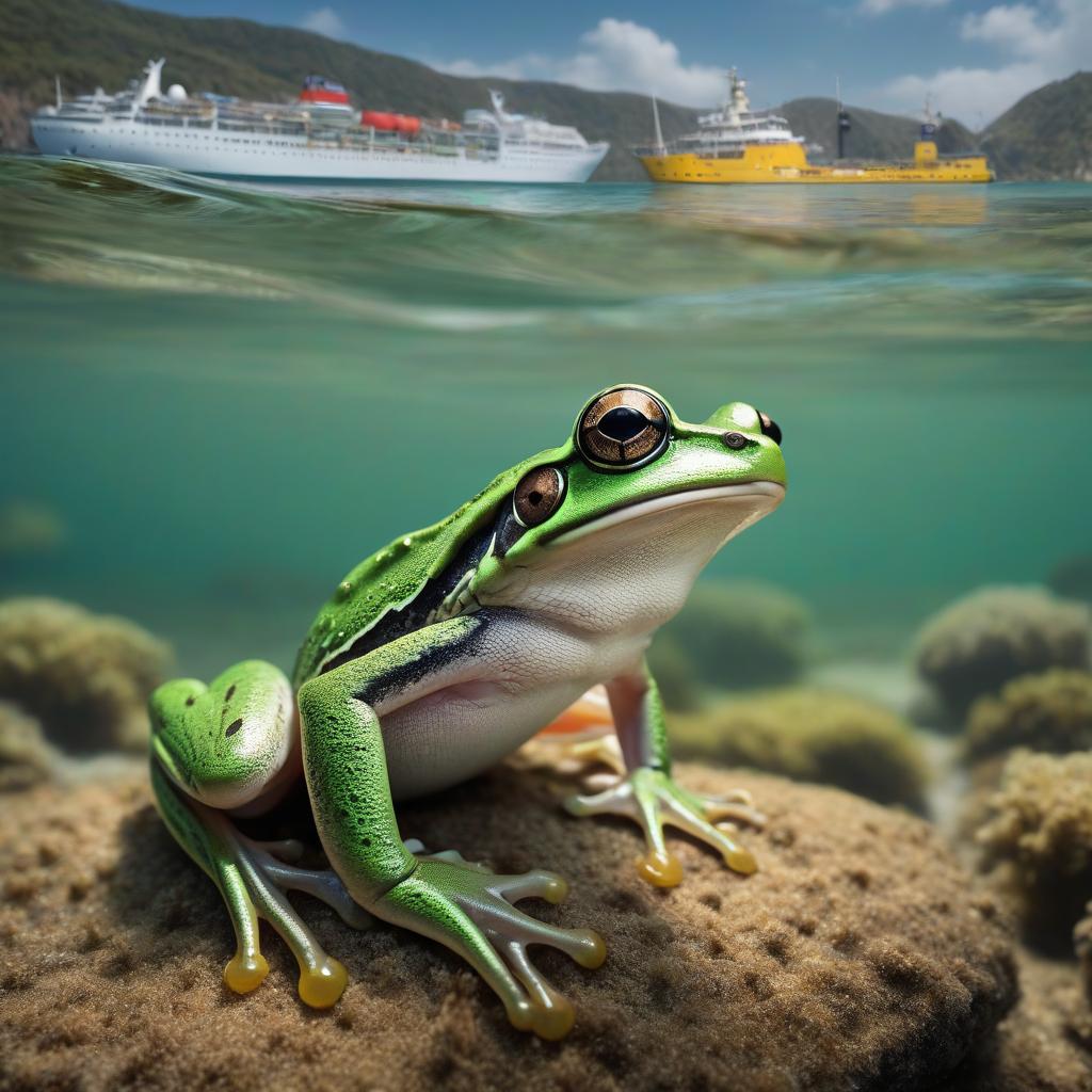  nautical themed green frog with emerald eyes. . sea, ocean, ships, maritime, beach, marine life, highly detailed hyperrealistic, full body, detailed clothing, highly detailed, cinematic lighting, stunningly beautiful, intricate, sharp focus, f/1. 8, 85mm, (centered image composition), (professionally color graded), ((bright soft diffused light)), volumetric fog, trending on instagram, trending on tumblr, HDR 4K, 8K