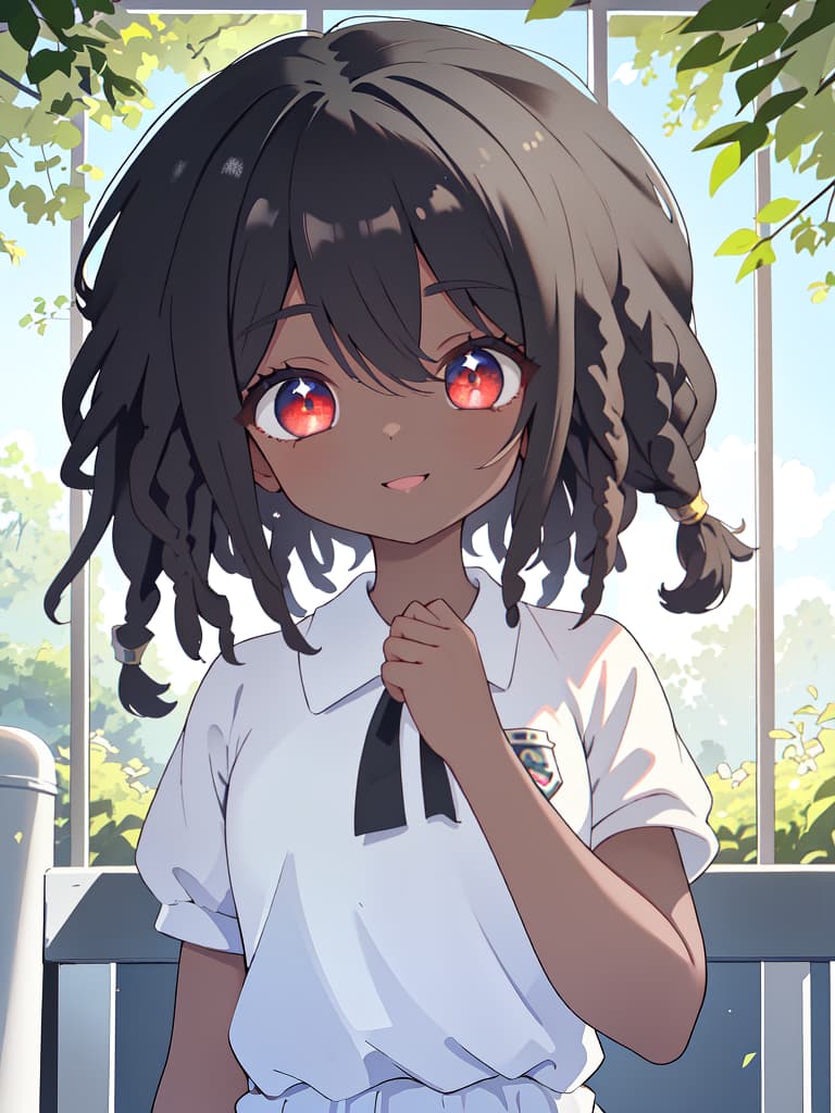  ultra detailed:1.2,masterpiece:1.2,best quality,masterpiece,bestquality,hdr:1.1,8k:1.1,very cute girl:1.3,black hair ,short hair:1.3,(dreadlocks:1.3),dark skin:1,red eyes:1.3,smile:1.3,upper body:1.3,cute eyes:1.7,eyes highlight:1.7,close mouth:1.3,white gym uniform,training, masterpiece, best quality,8k,ultra detailed,high resolution,an extremely delicate and beautiful,hyper detail