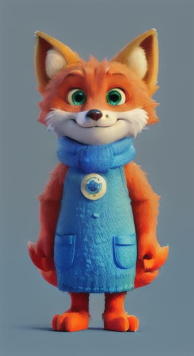  {Error the fox pressing the blue button with his paw, looking puzzled as nothing occurs., Error is a small, bright orange fox with a fluffy tail and big, inquisitive eyes. He has a mischievous yet kind expression and wears a tiny green scarf.