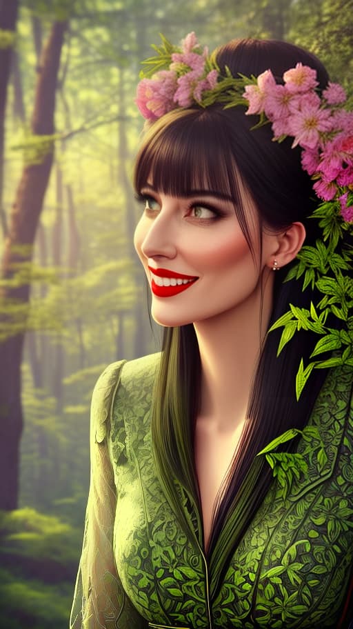  A bright forest clearing with tall grass, a nymph with a slightly greenish skin tone and laughing emerald eyes stands in full height in the clearing, her gaze looks at the viewer with interest, she smiles slightly, a braid of dark green color falls on her chest, she is dressed in young foliage and flowers, high details, 4k, Photorealistic, Hyperrealistic, Hyperdetailed, film noir, analog style, hip cocked, demure, low cut, black lace, detailed skin, pores, smirk, smiling eyes, matte skin, outdoor cafe, soft lighting, subsurface scattering, realistic, heavy shadow, b&w, masterpiece, best quality, ultra realistic, 8k, golden ratio, Intricate, High Detail, film photography, soft focus hyperrealistic, full body, detailed clothing, highly detailed, cinematic lighting, stunningly beautiful, intricate, sharp focus, f/1. 8, 85mm, (centered image composition), (professionally color graded), ((bright soft diffused light)), volumetric fog, trending on instagram, trending on tumblr, HDR 4K, 8K