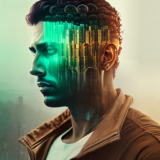 dublex style I am a Indian cyberpunk male, brown indian skin, stunning, curly hair, blue eyes,, high detail graphics, cinematic lights, 4k, artstation, hyperrealistic, intricate details, Powerful, Rim Lighting, Diffraction Grading, RTX, by Ivan Shishkin