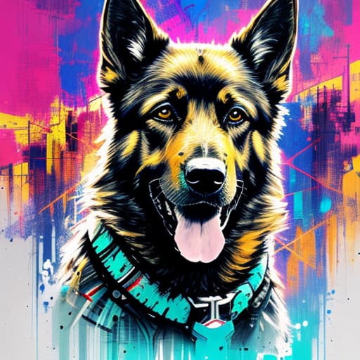  German Shepard cyberpunk , Acid wash effect, perfect anatomy, centered, approaching perfection, dynamic, highly detailed, artstation, concept art, smooth, sharp focus, illustration, art by Carne Griffiths and Wadim Kashin, graffiti airbrushing techniques, high definition, accent lighting, contrasted with bright paint colors, by Squal92i