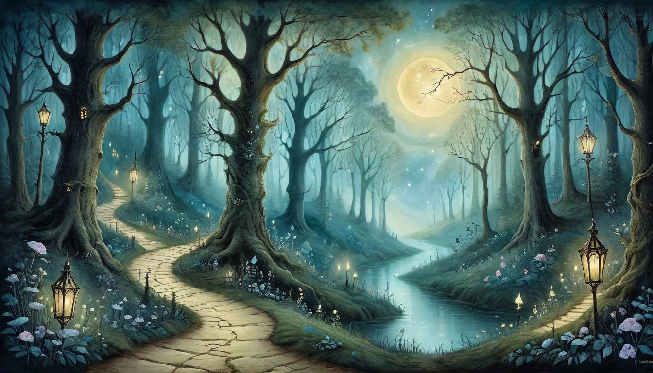  on parchment, surrealism+++, A narrow, winding path through an enchanted forest under a starlit sky, ethereal glow illuminating the journey, allure, challenge(mysterious, provocative, symbolic,muted color)+++