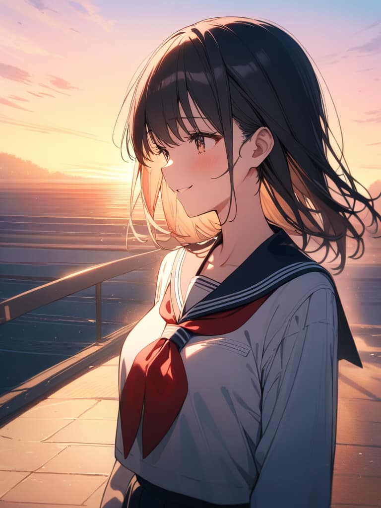  Gles, black hair, id, sunset, sunset, sailor suit, sober , huge s, happy crying, smiling, masterpiece, best quality,8k,ultra detailed,high resolution,an extremely delicate and beautiful,hyper detail