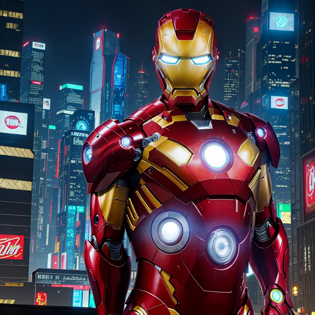  masterpiece, best quality, masterpiece, 8k resolution, realistic, highly detailed, Iron Man close-up. He stands on a street lined with tall buildings in a cyberpunk style city at night. The city's night lights are bright, and the surrounding buildings and streets are full of cyberpunk elements such as neon lights, high-tech equipment and futuristic architectural design.