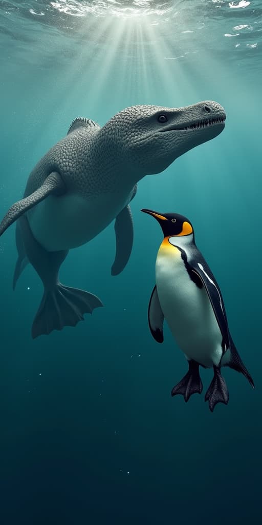  good quality, high quality, a small penguin and a huge mosasaurus swimming together in the water, epic, realistic, highly detailed