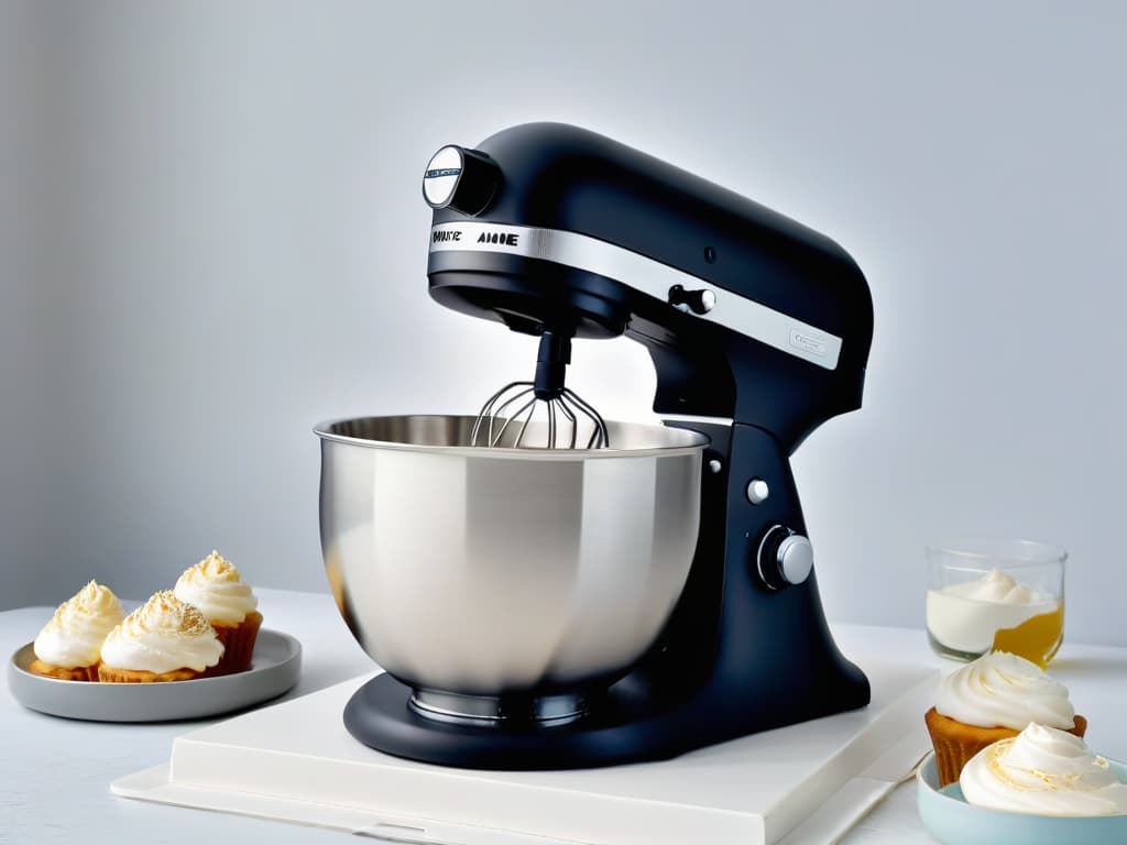  A closeup, ultradetailed image of a sleek, matte black stand mixer with a silver bowl attached, captured from a slightly elevated angle to showcase the smooth lines and modern design. The mixer is in action, with the beaters whipping up a luxurious, fluffy meringue in the bowl, capturing the essence of premium baking and exclusive recipes. The lighting is soft, highlighting the elegant simplicity of the appliance, while the meringue forms stiff peaks, adding a touch of dynamism to the otherwise serene composition. The image exudes sophistication and craftsmanship, making it a perfect fit for the professional and inspiring tone of the article on top stand mixers for premium baking. hyperrealistic, full body, detailed clothing, highly detailed, cinematic lighting, stunningly beautiful, intricate, sharp focus, f/1. 8, 85mm, (centered image composition), (professionally color graded), ((bright soft diffused light)), volumetric fog, trending on instagram, trending on tumblr, HDR 4K, 8K