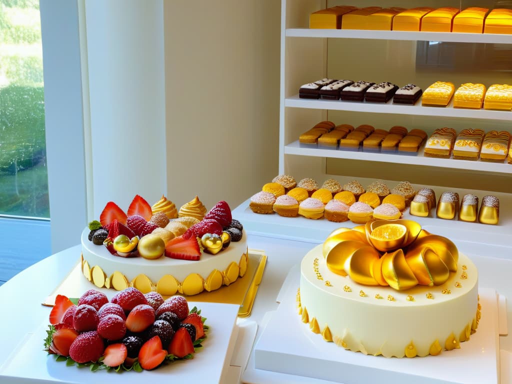  An ultradetailed image of a sleek, modern kitchen with a pristine marble countertop displaying an array of perfectly crafted pastries and confections. Each sweet treat is intricately decorated with delicate piping, vibrant colors, and shimmering edible gold accents, reflecting the artistry and precision of online pastry certification. The soft natural light streaming through the window highlights the exquisite details and textures of the desserts, inviting viewers to embark on their journey into the world of online pastry mastery. hyperrealistic, full body, detailed clothing, highly detailed, cinematic lighting, stunningly beautiful, intricate, sharp focus, f/1. 8, 85mm, (centered image composition), (professionally color graded), ((bright soft diffused light)), volumetric fog, trending on instagram, trending on tumblr, HDR 4K, 8K